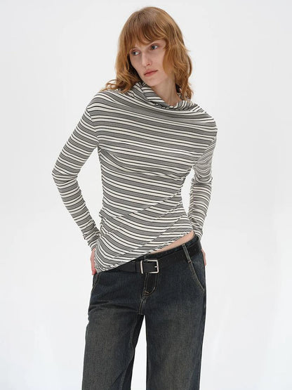 Striped Stacked Neck Asymmetric Two Way Long Sleeve T-shirt