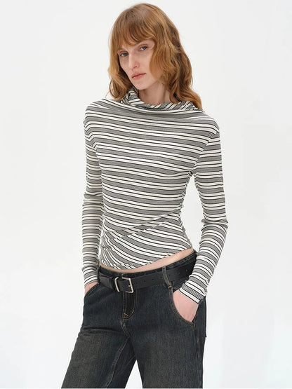 Striped Stacked Neck Asymmetric Two Way Long Sleeve T-shirt