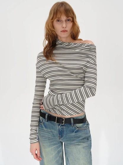 Striped Stacked Neck Asymmetric Two Way Long Sleeve T-shirt