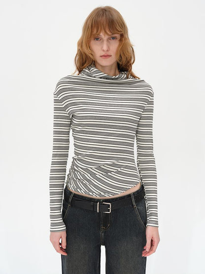 AFTADAWN Striped Stacked Neck Asymmetric Two Way Long Sleeve T-shirt