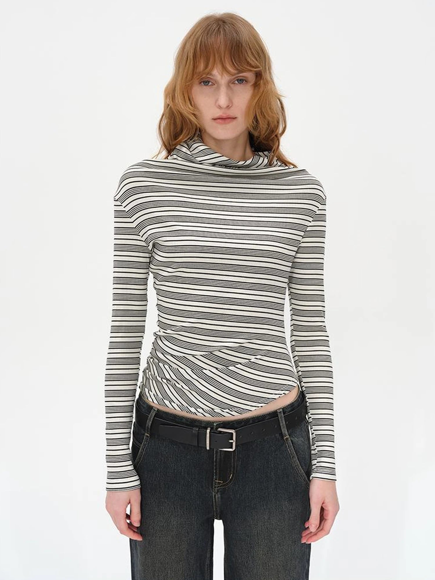 Striped Stacked Neck Asymmetric Two Way Long Sleeve T-shirt