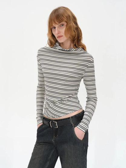 Striped Stacked Neck Asymmetric Two Way Long Sleeve T-shirt