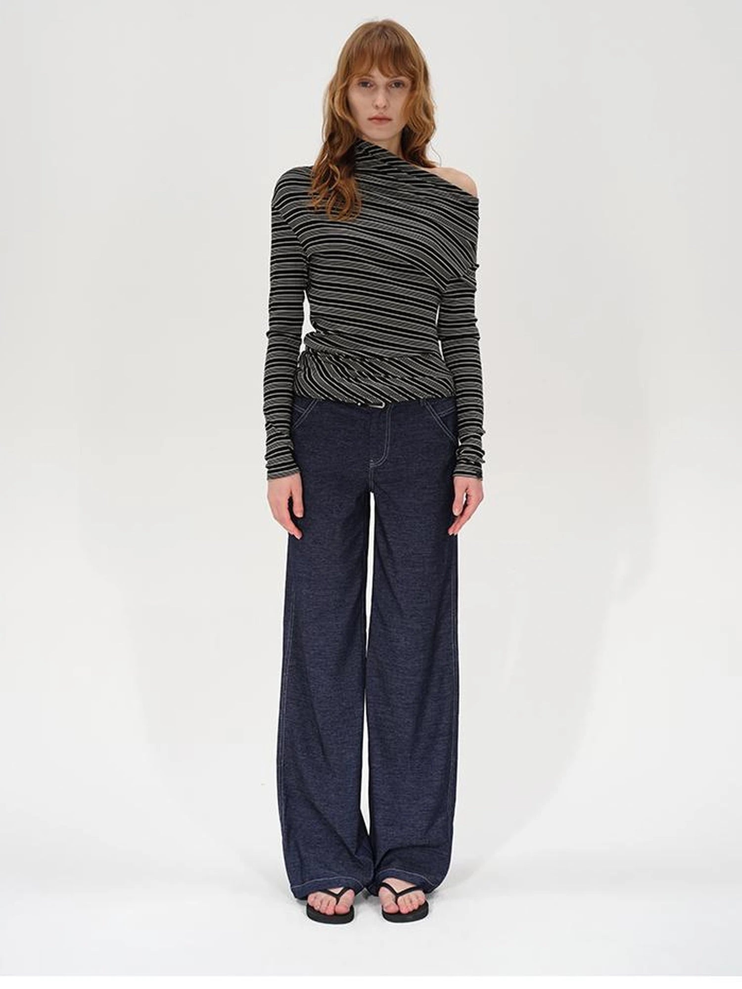 Striped Stacked Neck Asymmetric Two Way Long Sleeve T-shirt