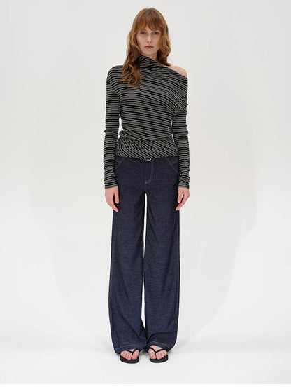 Striped Stacked Neck Asymmetric Two Way Long Sleeve T-shirt