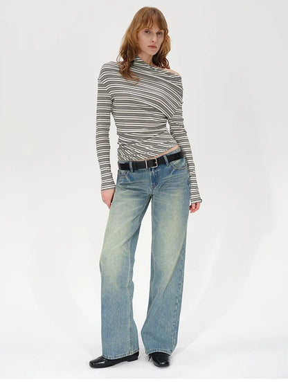 Striped Stacked Neck Asymmetric Two Way Long Sleeve T-shirt