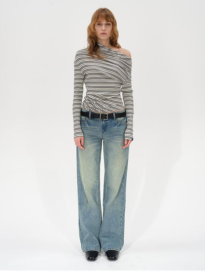 AFTADAWN Striped Stacked Neck Asymmetric Two Way Long Sleeve T-shirt