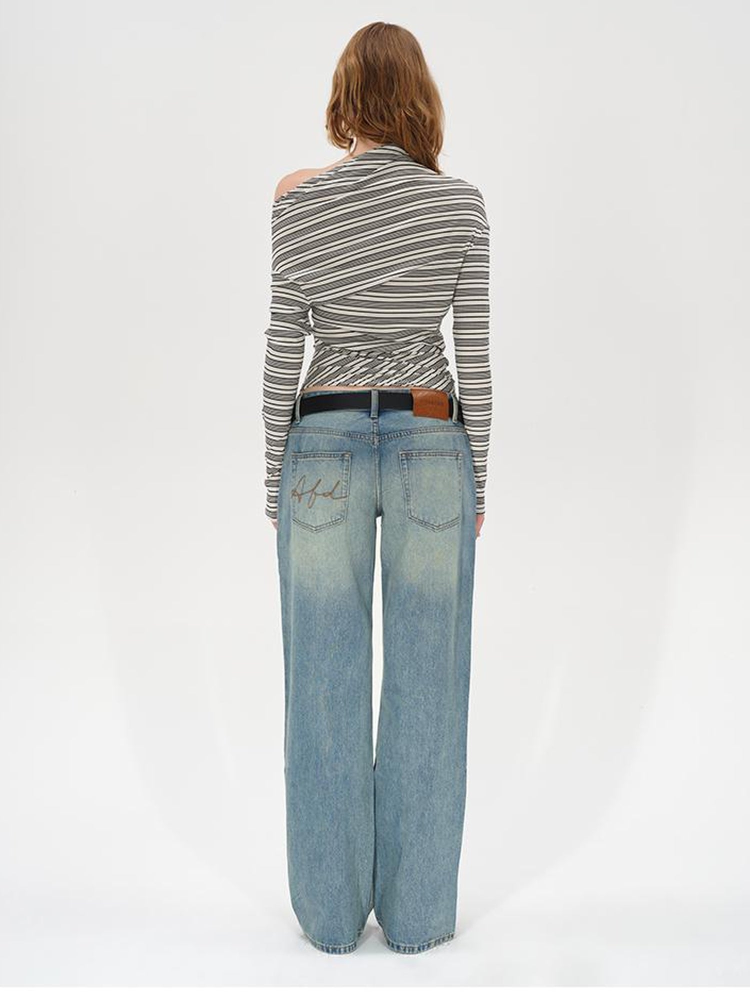 AFTADAWN Striped Stacked Neck Asymmetric Two Way Long Sleeve T-shirt