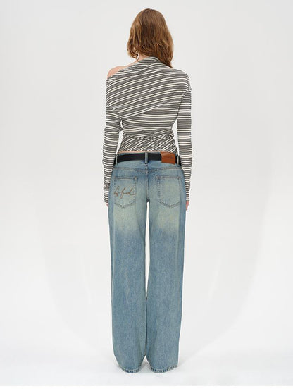AFTADAWN Striped Stacked Neck Asymmetric Two Way Long Sleeve T-shirt