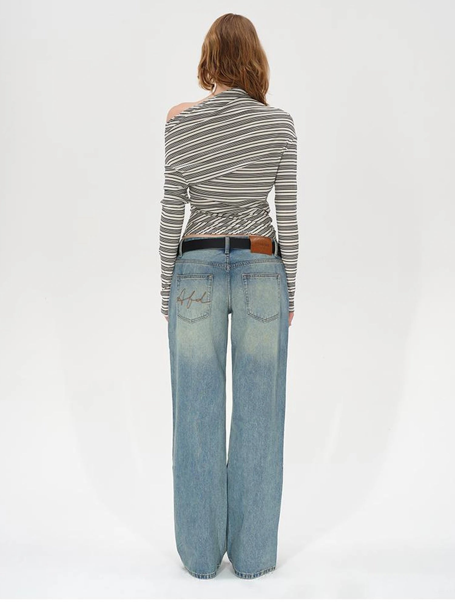 Striped Stacked Neck Asymmetric Two Way Long Sleeve T-shirt