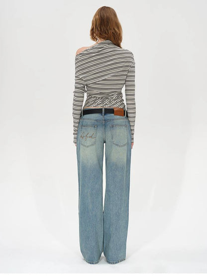 Striped Stacked Neck Asymmetric Two Way Long Sleeve T-shirt