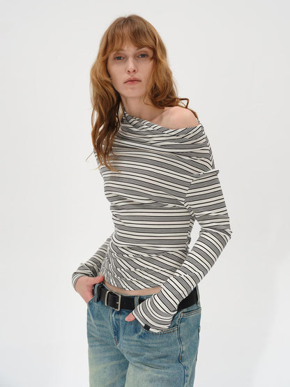 AFTADAWN Striped Stacked Neck Asymmetric Two Way Long Sleeve T-shirt