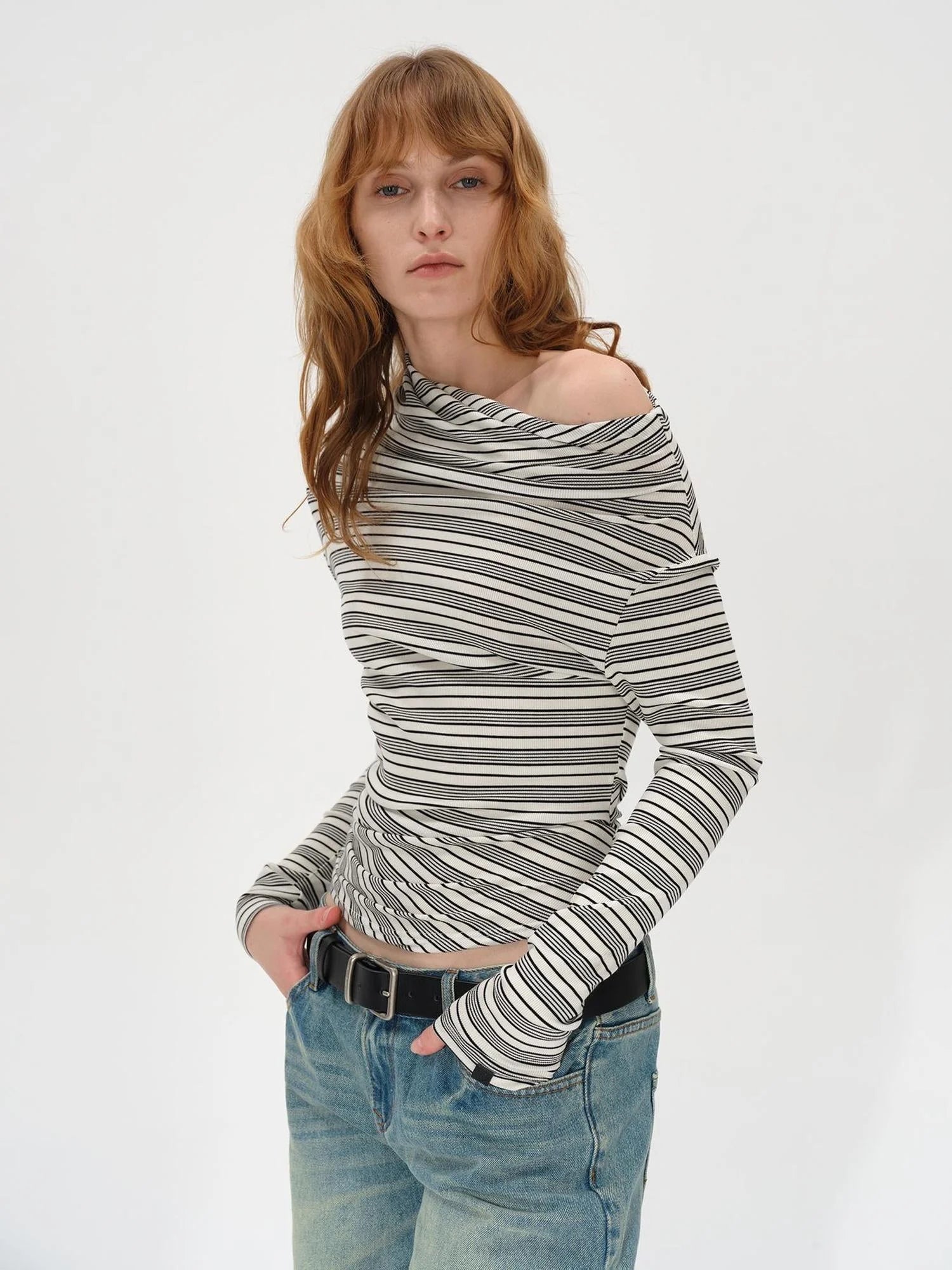 Striped Stacked Neck Asymmetric Two Way Long Sleeve T-shirt