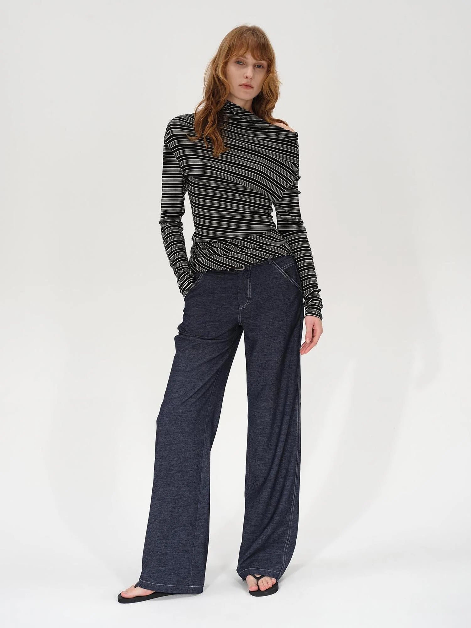 Striped Stacked Neck Asymmetric Two Way Long Sleeve T-shirt