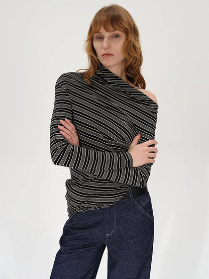 Striped Stacked Neck Asymmetric Two Way Long Sleeve T-shirt