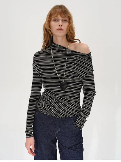 Striped Stacked Neck Asymmetric Two Way Long Sleeve T-shirt