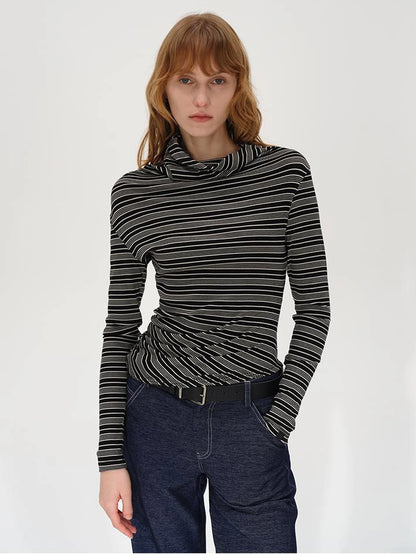 Striped Stacked Neck Asymmetric Two Way Long Sleeve T-shirt