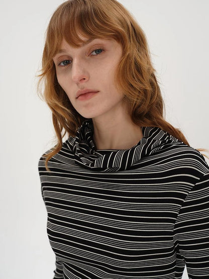 Striped Stacked Neck Asymmetric Two Way Long Sleeve T-shirt