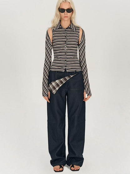 AFTADAWN Striped Tie Two Way Henley Slim Women&