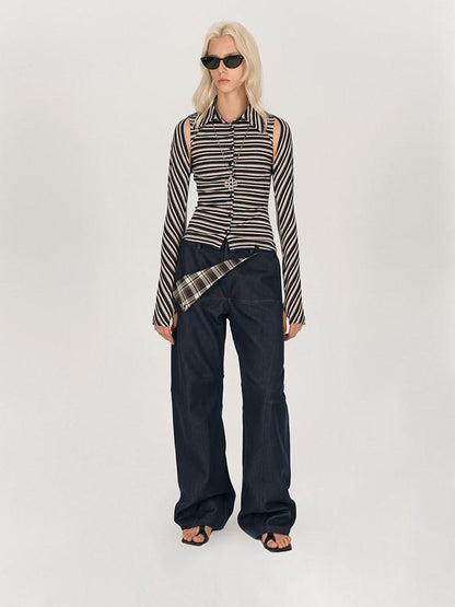 AFTADAWN Striped Tie Two Way Henley Slim Women&