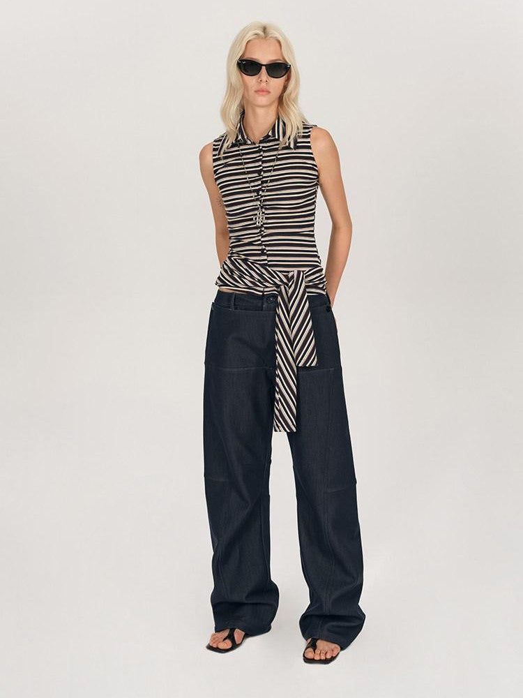 AFTADAWN Striped Tie Two Way Henley Slim Women&