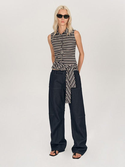 AFTADAWN Striped Tie Two Way Henley Slim Women&