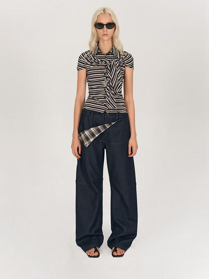 AFTADAWN Striped Tie Two Way Henley Slim Women&