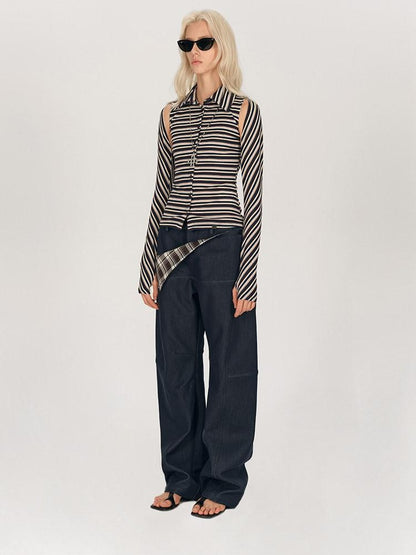 AFTADAWN Striped Tie Two Way Henley Slim Women&