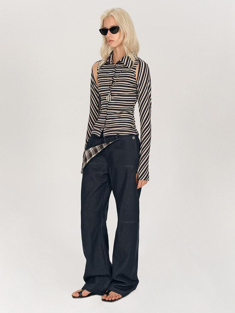 AFTADAWN Striped Tie Two Way Henley Slim Women&
