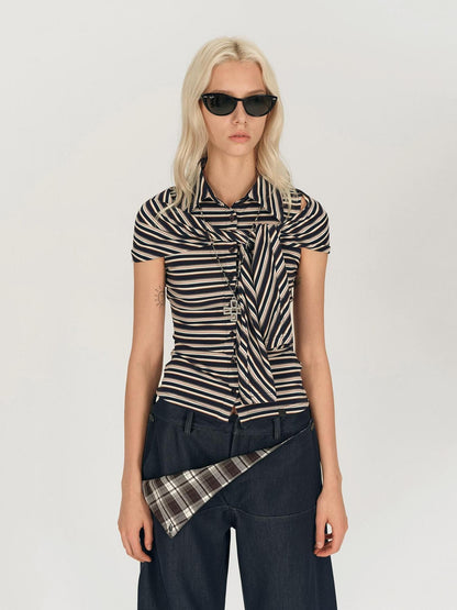 AFTADAWN Striped Tie Two Way Henley Slim Women&
