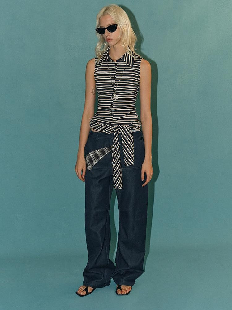 AFTADAWN Striped Tie Two Way Henley Slim Women&