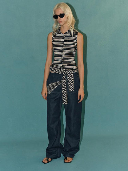 AFTADAWN Striped Tie Two Way Henley Slim Women&