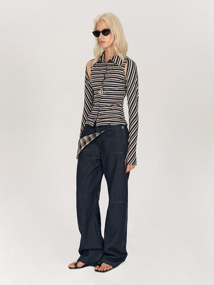 AFTADAWN Striped Tie Two Way Henley Slim Women&