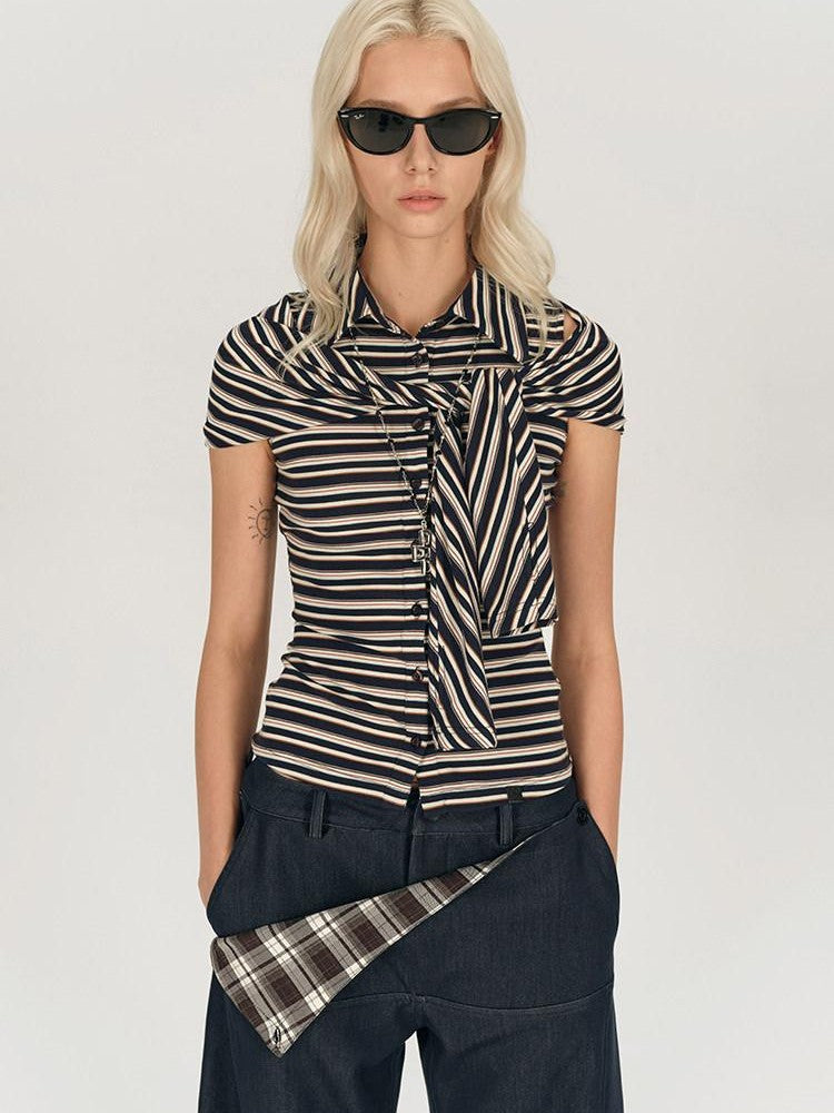 AFTADAWN Striped Tie Two Way Henley Slim Women&