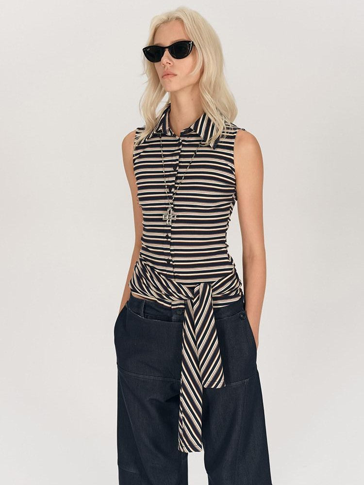 AFTADAWN Striped Tie Two Way Henley Slim Women&