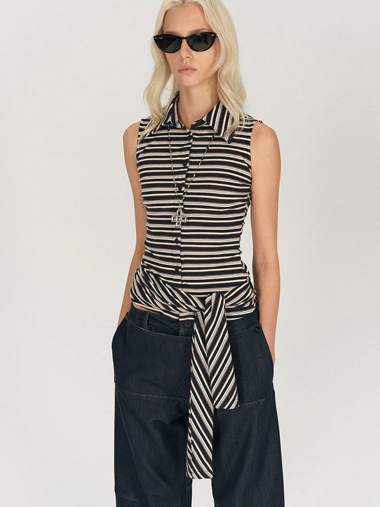 AFTADAWN Striped Tie Two Way Henley Slim Women&