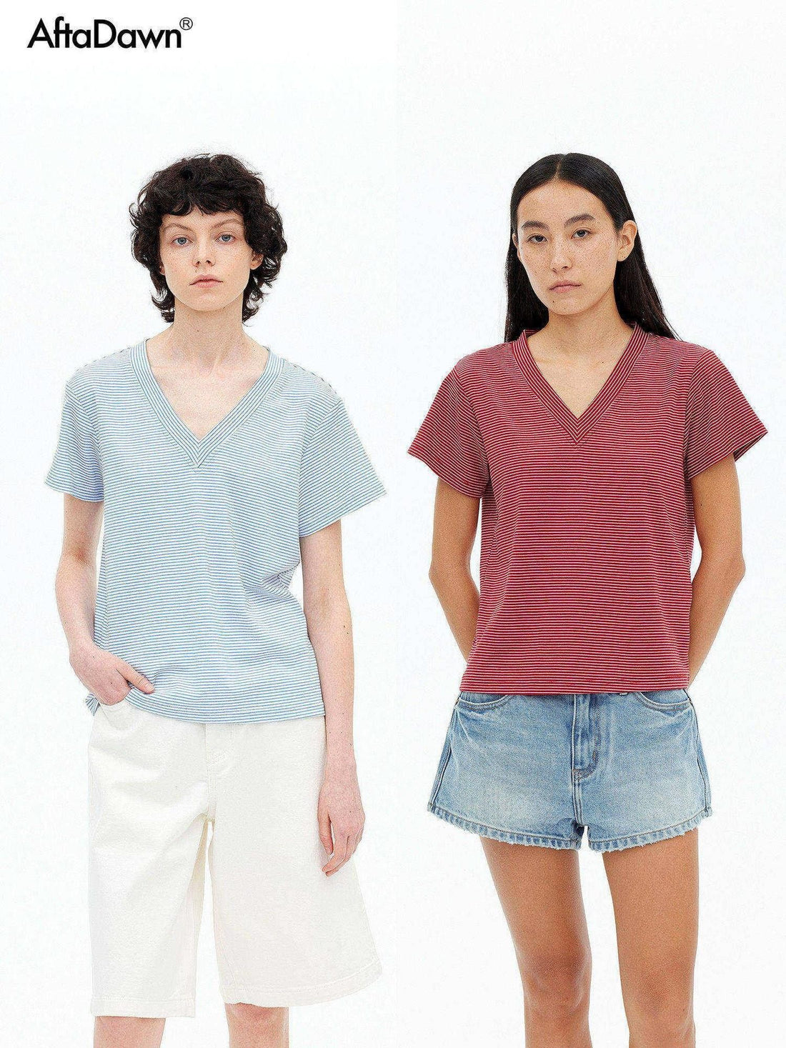 AFTADAWN Striped V-neck Drapey Wrinkle Resistant Women&