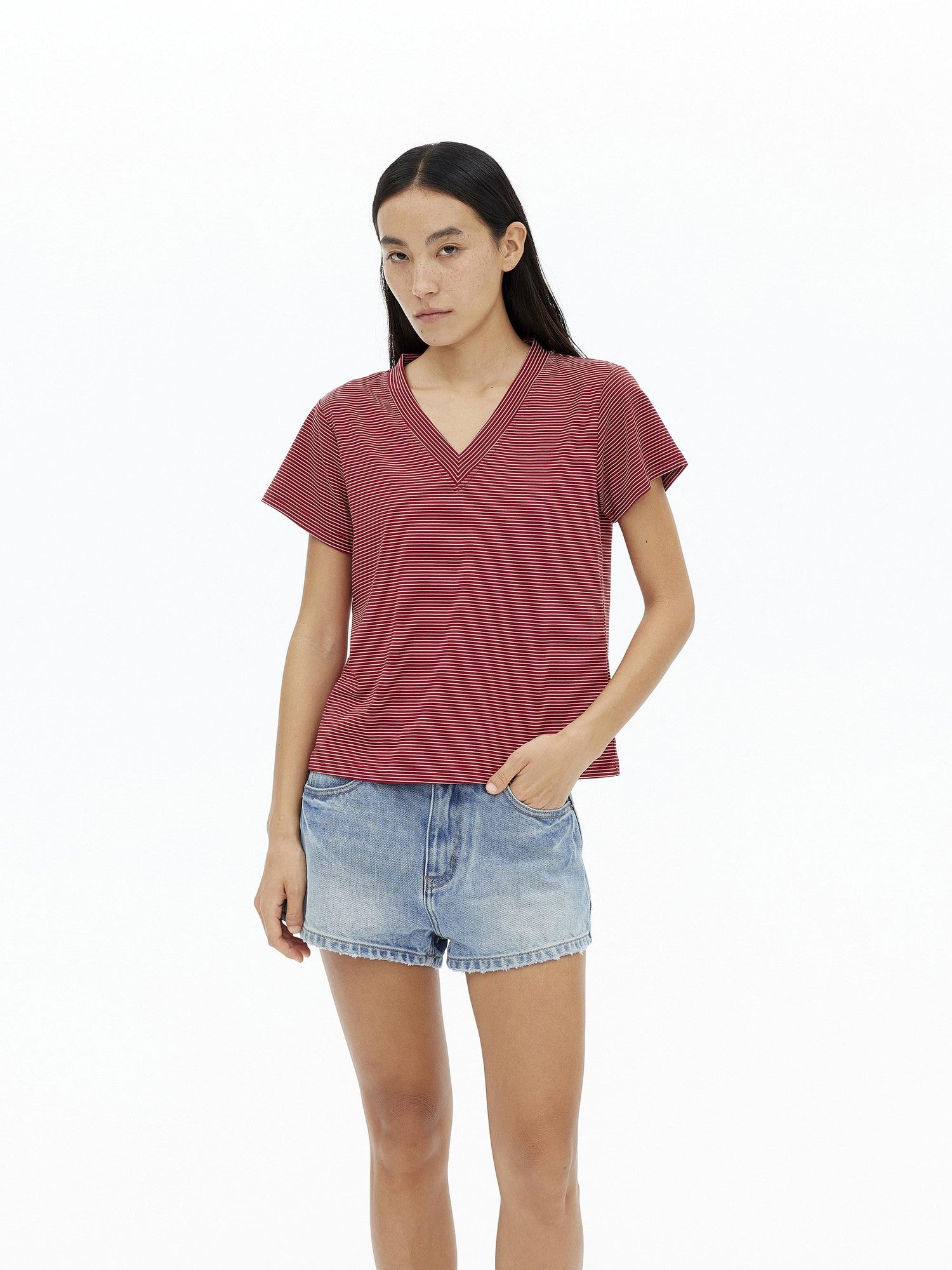 AFTADAWN Striped V-neck Drapey Wrinkle Resistant Women&