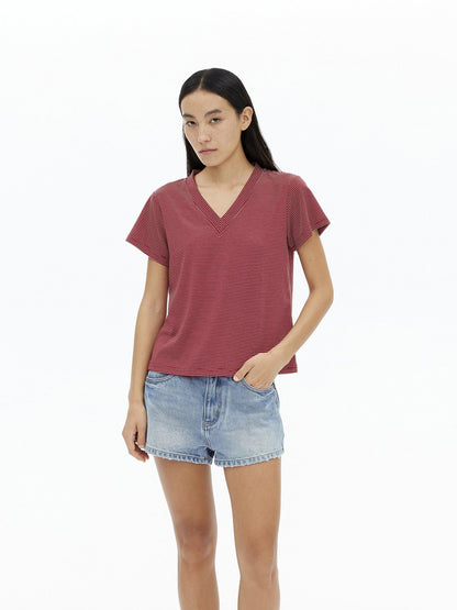 AFTADAWN Striped V-neck Drapey Wrinkle Resistant Women&