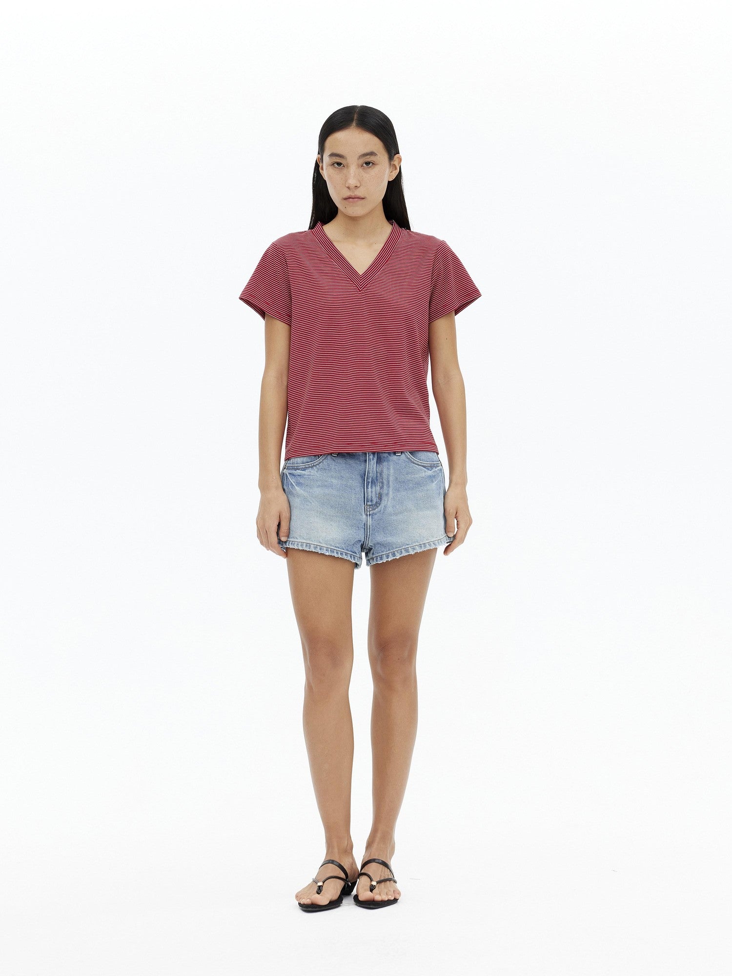 AFTADAWN Striped V-neck Drapey Wrinkle Resistant Women&