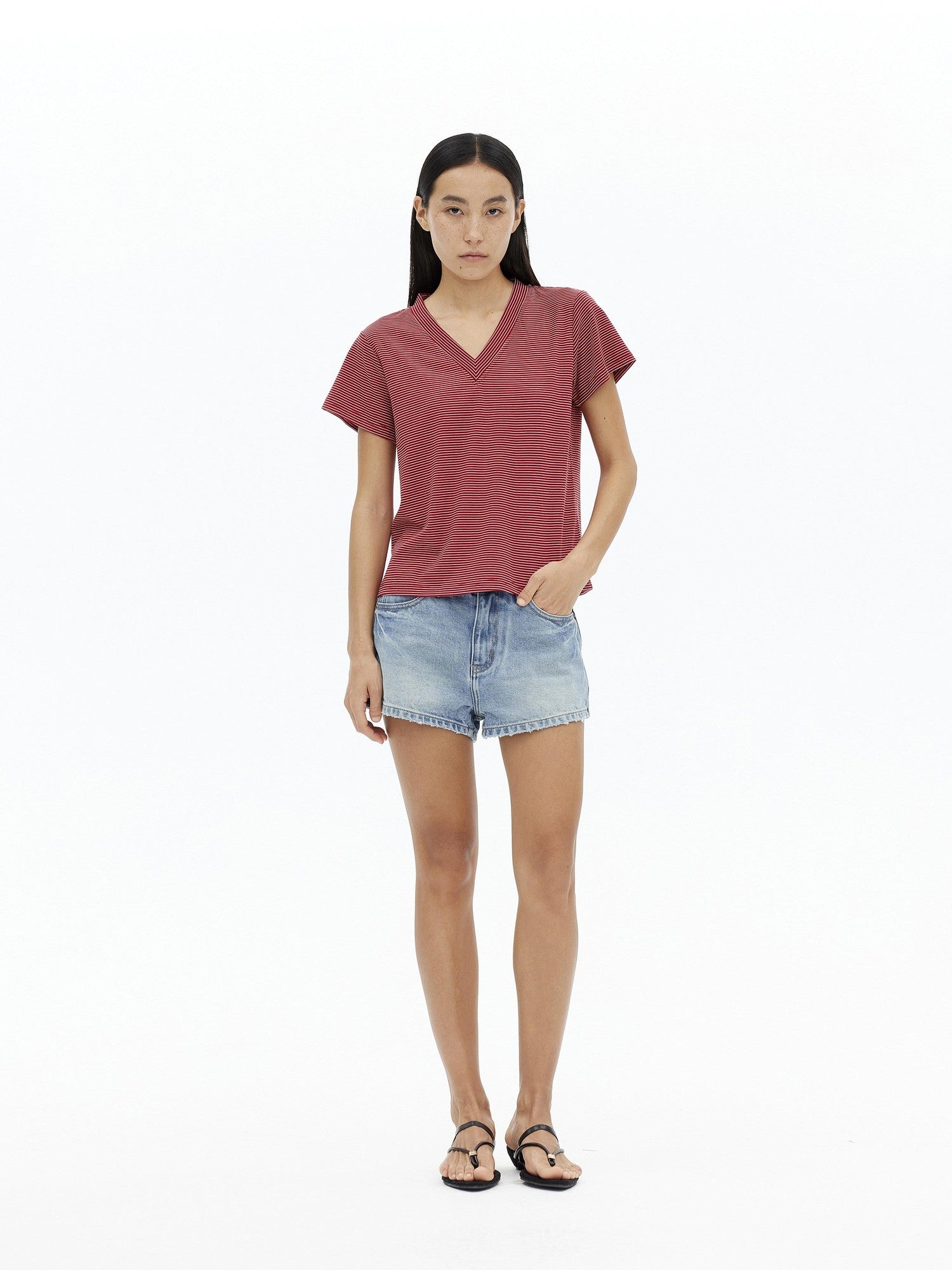 AFTADAWN Striped V-neck Drapey Wrinkle Resistant Women&