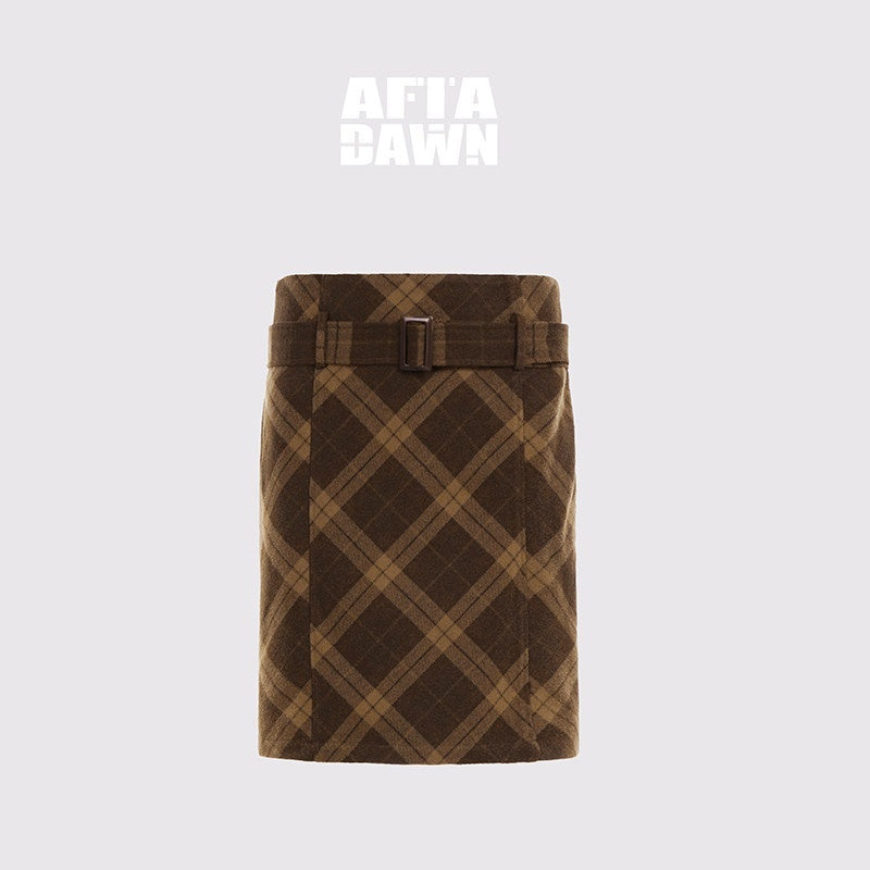AFTADAWN_Suede_Printed_Plaid_High_Waist_Belted_Straight_Women&