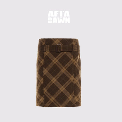 AFTADAWN_Suede_Printed_Plaid_High_Waist_Belted_Straight_Women&