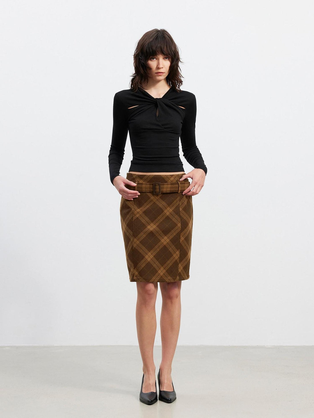 AFTADAWN Suede Printed Plaid High Waist Belted Straight Women&