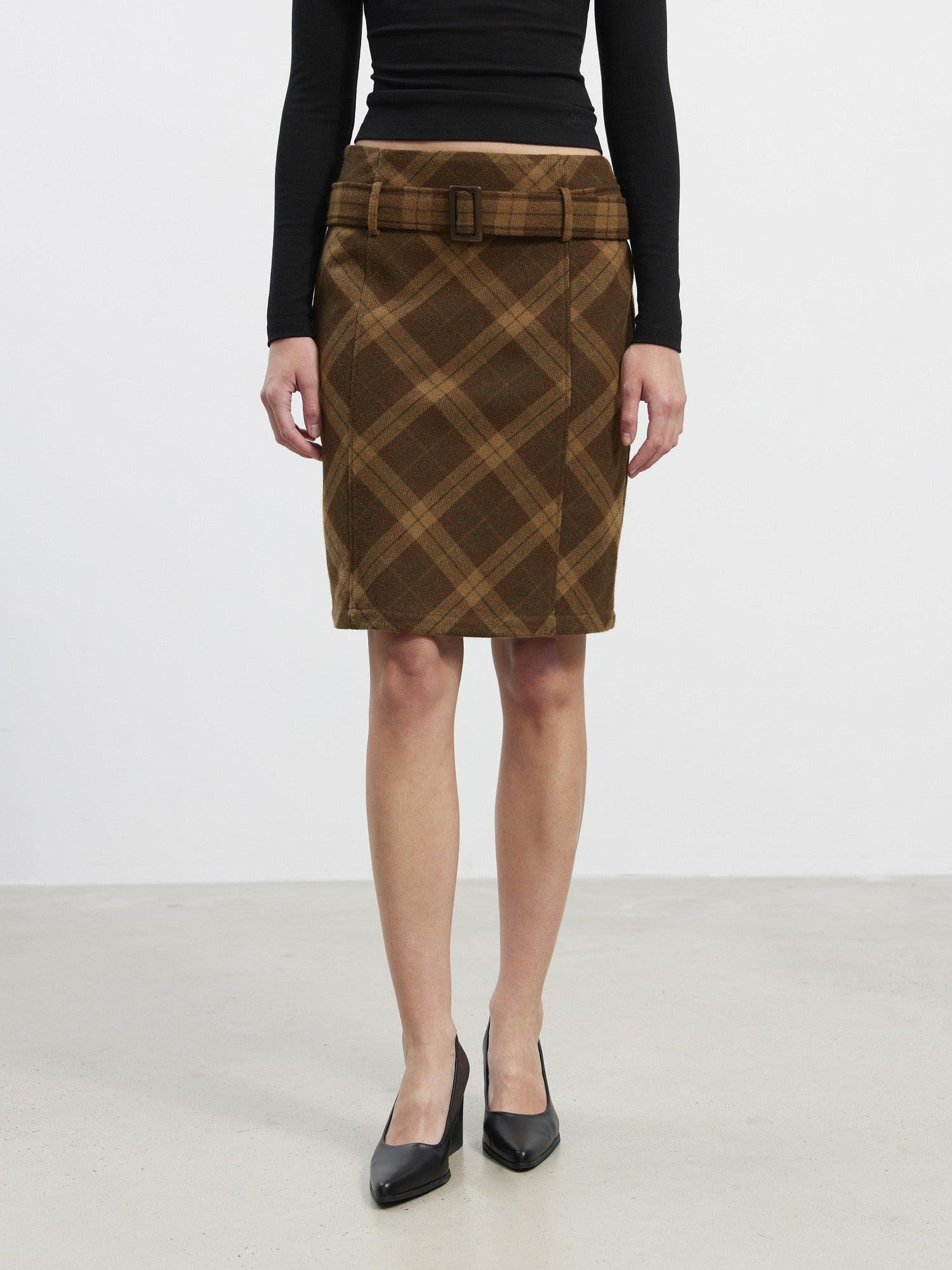 AFTADAWN Suede Printed Plaid High Waist Belted Straight Women&