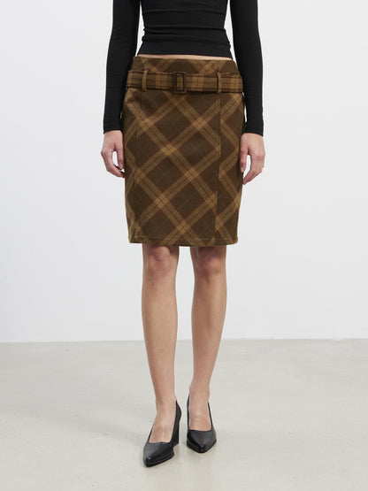 AFTADAWN Suede Printed Plaid High Waist Belted Straight Women&