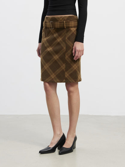 AFTADAWN Suede Printed Plaid High Waist Belted Straight Women&