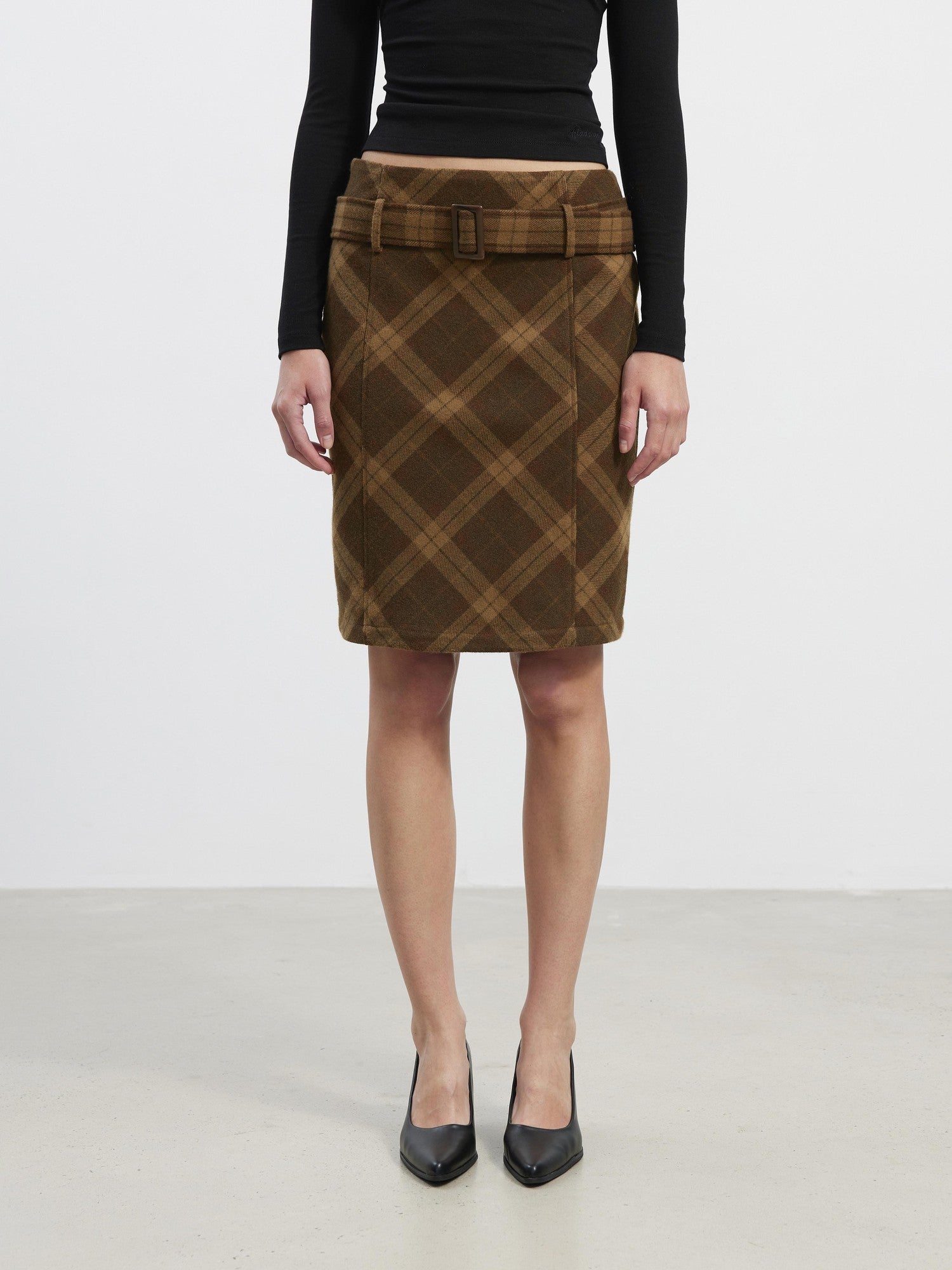 AFTADAWN Suede Printed Plaid High Waist Belted Straight Women&