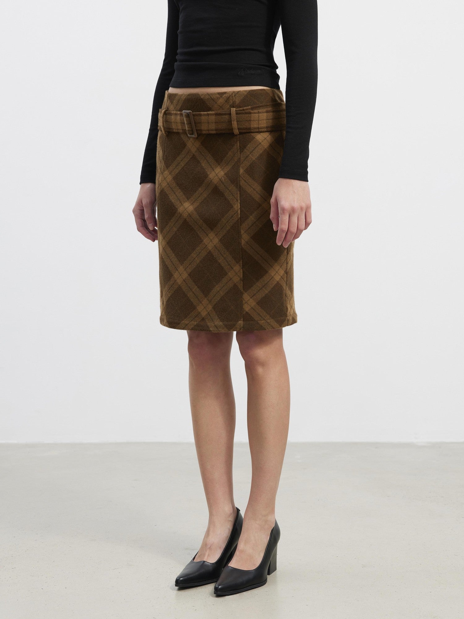 AFTADAWN Suede Printed Plaid High Waist Belted Straight Women&