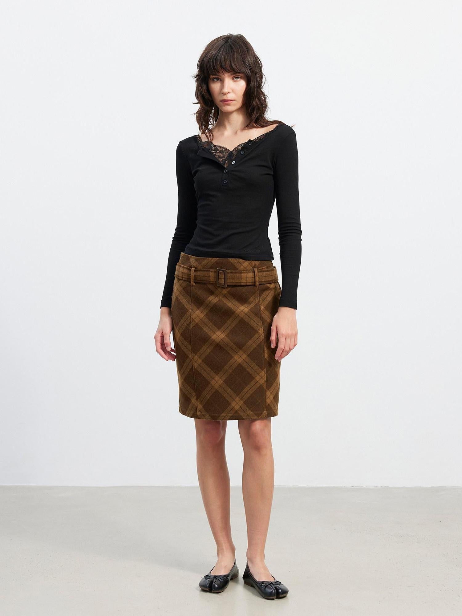AFTADAWN Suede Printed Plaid High Waist Belted Straight Women&