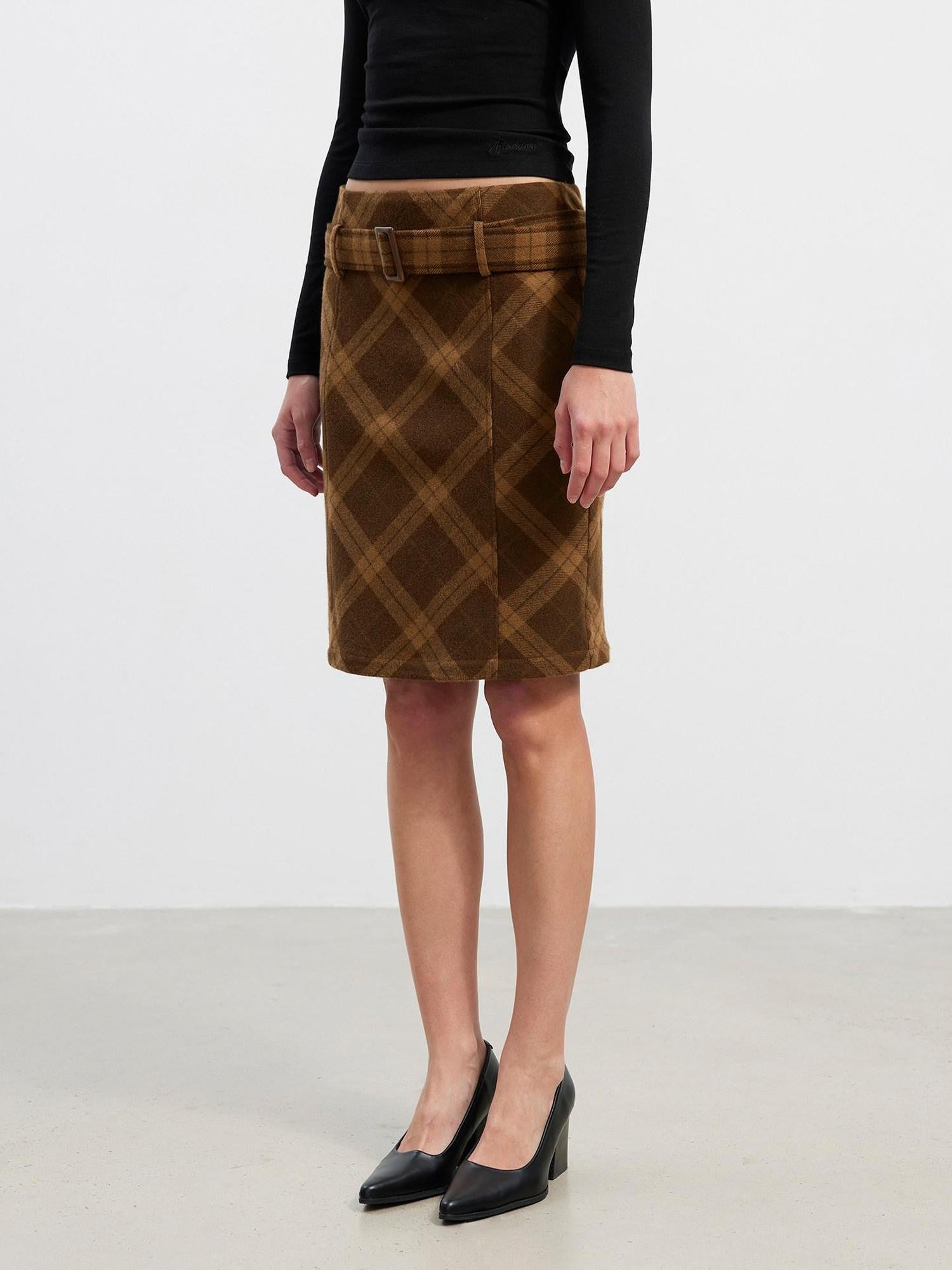 AFTADAWN Suede Printed Plaid High Waist Belted Straight Women&